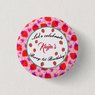 Badge Rond 2,50 Cm Fête de premier anniversaire de fille rose fraise