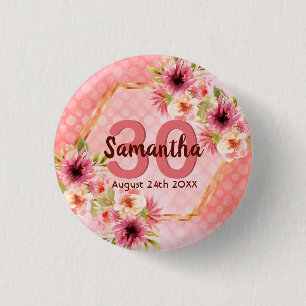 Badge Rond 2,50 Cm fête du 30e anniversaire corail or dahlia fleurs