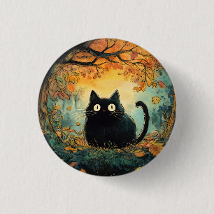 Badge Rond 2,50 Cm Feuilles d'automne douillette chute noir chat dans