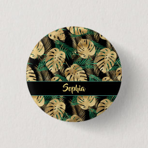 Badge Rond 2,50 Cm Feuilles tropicales dorées et vertes, nom doré DIY