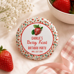 Badge Rond 2,50 Cm Fille à la fraise Berry First pour 1er anniversair