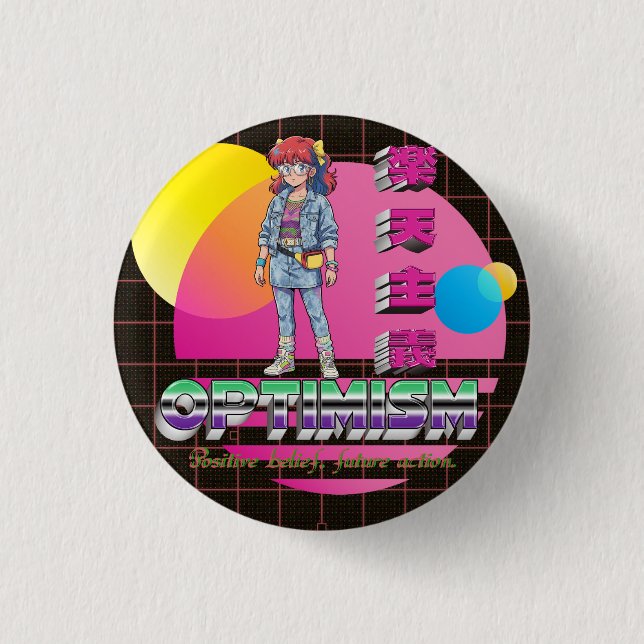 Badge Rond 2,50 Cm Fille Anime Retrowave Optimisme Bouton (Devant)