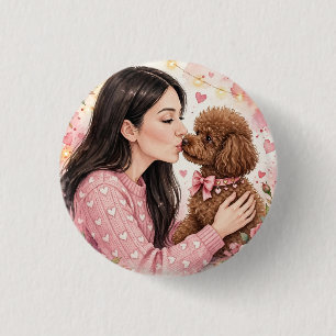 Badge Rond 2,50 Cm Fille au jouet caniche rouge