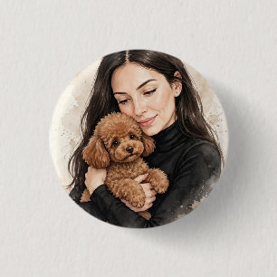 Badge Rond 2,50 Cm Fille avec jouet caniche rouge