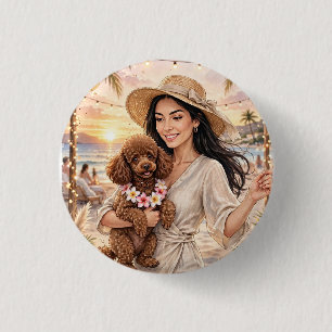 Badge Rond 2,50 Cm Fille avec jouet caniche rouge