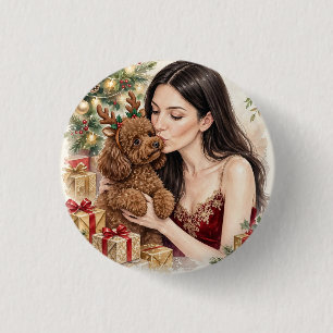 Badge Rond 2,50 Cm Fille avec jouet caniche rouge
