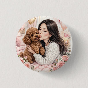 Badge Rond 2,50 Cm Fille avec jouet caniche rouge