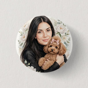 Badge Rond 2,50 Cm Fille avec jouet caniche rouge