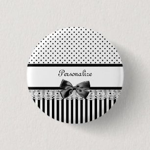 Badge Rond 2,50 Cm Fille Noir et Blanc Victorian Stripes Avec Nom