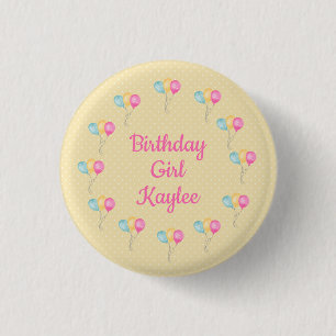 Badge Rond 2,50 Cm Filles D'Anniversaire Pois Jaunes Et Ballons