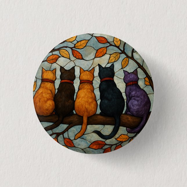 Badge Rond 2,50 Cm Five Cats on a Tree Branch Stained Glass Style (Devant)