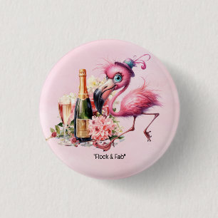 Badge Rond 2,50 Cm Flamant rose Drôle Face avec Champagne pour la fêt