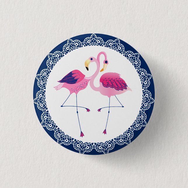 Badge Rond 2,50 Cm Flamants roses Roses Avec Dentelle Bleue Et Blanch (Devant)