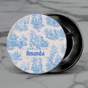 Badge Rond 2,50 Cm Fleur bleue turquoise toile jouy monogramme vintag