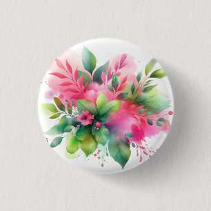 Badge Rond 2,50 Cm Fleur botanique à l'aquarelle rose vert