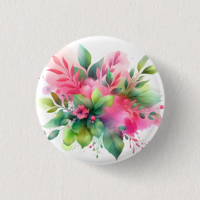 Badge Rond 2,50 Cm Fleur botanique à l'aquarelle rose vert (Devant)