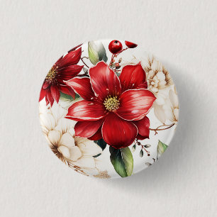 Badge Rond 2,50 Cm Fleur de Noël Poinsettia Motif vert rouge