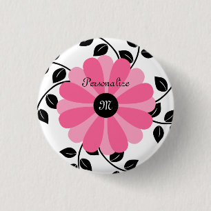 Badge Rond 2,50 Cm Fleur rose et noire décorée d'un monogramme à la