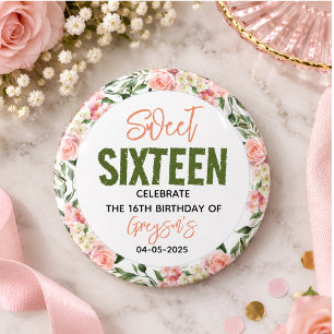 Badge Rond 2,50 Cm Fleurs aquarelles élégantes pour un Sweet Sixteen