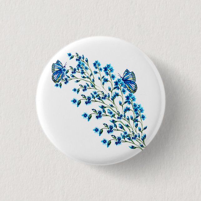 Badge Rond 2,50 Cm Fleurs bleues délicates avec papillon (Devant)
