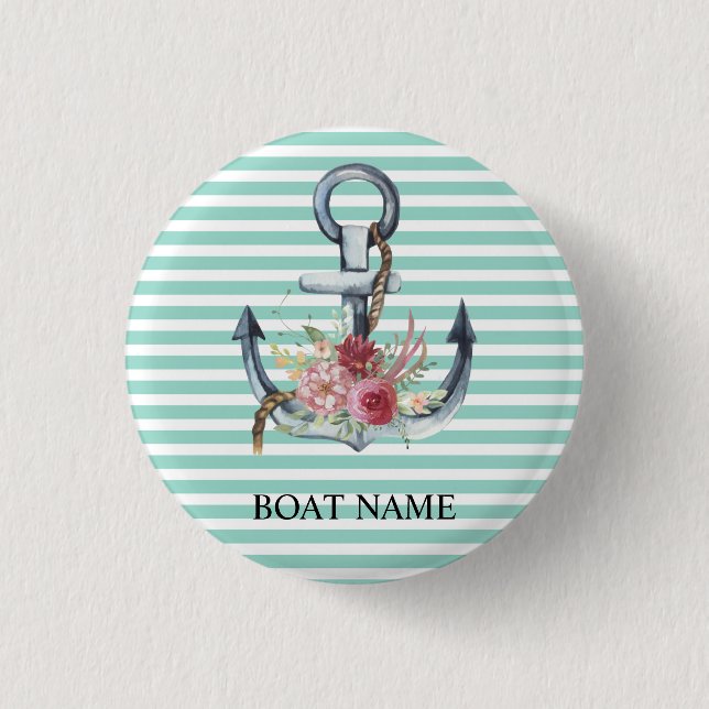Badge Rond 2,50 Cm Fleurs d'ancre nautiques, rayures vert menthe   (Devant)