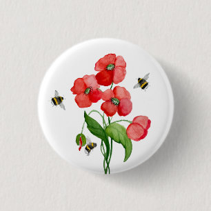 Badge Rond 2,50 Cm Fleurs de coquelicot écarlate d'aquarelle et bourd