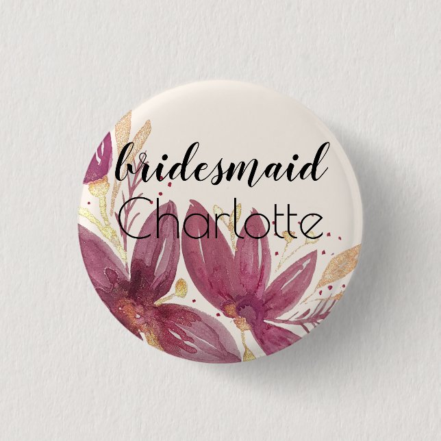 Badge Rond 2,50 Cm Fleurs de passion, Aquarelle Bourgogne et or (Devant)