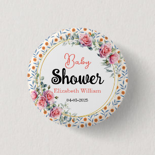 Badge Rond 2,50 Cm Fleurs de roses et d'eucalyptus aquarelles pour Ba