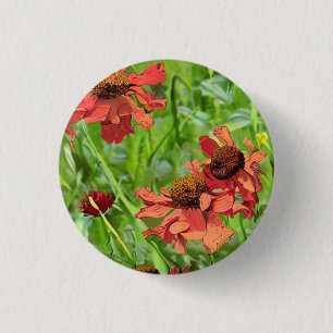 BADGE ROND 2,50 CM FLEURS DE RUDBECKIA ROUGES