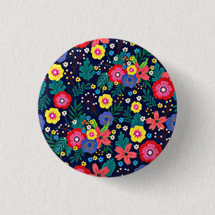 Badge Rond 2,50 Cm Fleurs Décoratives Feuilles Fond Noir