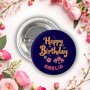 Badge Rond 2,50 Cm Fleurs Florales Joyeux Anniversaire Handlettering