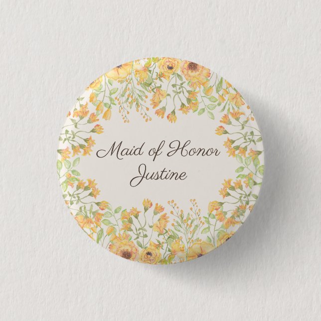 Badge Rond 2,50 Cm Fleurs Jaune Pastel Demoiselle d'Honneur (Devant)