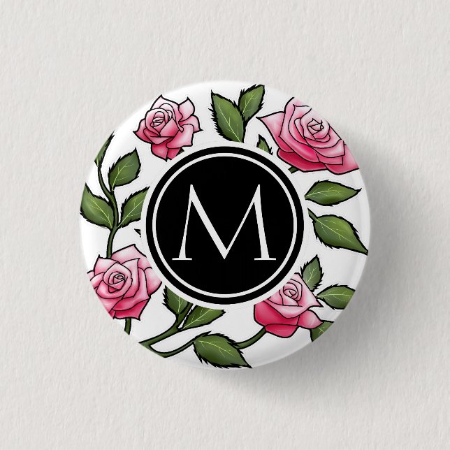 Badge Rond 2,50 Cm Floral élégant et monogramme (Devant)
