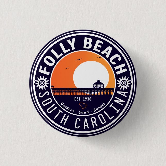 Badge Rond 2,50 Cm Folly Beach SC Souvenirs Retro Sunset Pier 60s (Devant)