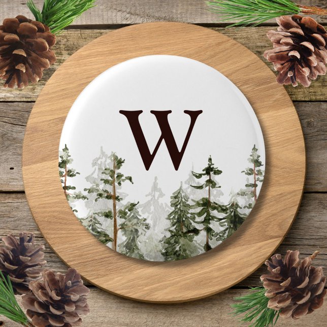 Badge Rond 2,50 Cm Forêt Verte Rustique Monogramme Aquarelle (In situ)
