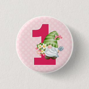 Badge Rond 2,50 Cm Fraise Gnome Garden Baby Girl's 1st Birthday