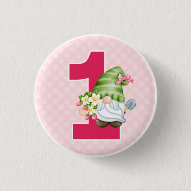 Badge Rond 2,50 Cm Fraise Gnome Garden Baby Girl's 1st Birthday (Devant)