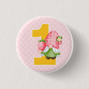 Badge Rond 2,50 Cm Fraise Gnome Garden Baby Girl's 1st Birthday