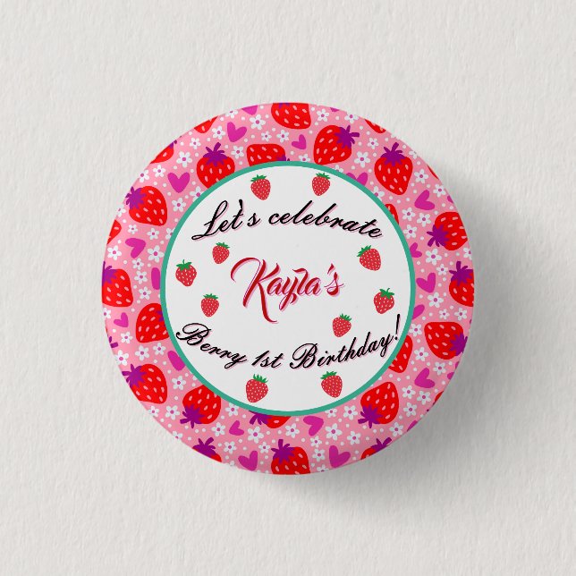 Badge Rond 2,50 Cm Fraise rose douce Premier anniversaire Fille fête (Devant)