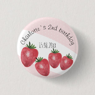 Badge Rond 2,50 Cm Fraises Aquarelle Peinte à la main sur Blush