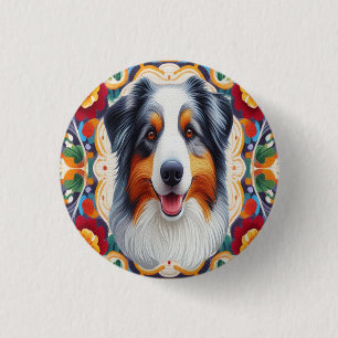 Badge Rond 2,50 Cm Frontière colorée fleurie du chien berger australi