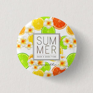 Badge Rond 2,50 Cm Fruits d'été frais et fleurs de plumeria exotiqu
