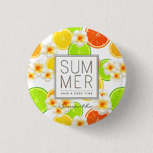 Badge Rond 2,50 Cm Fruits d'été frais et fleurs de Plumeria exotique
