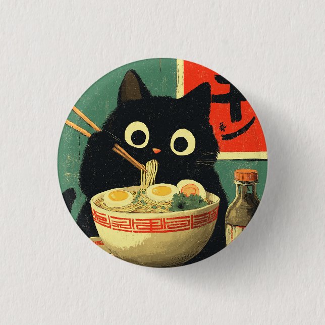 Badge Rond 2,50 Cm Funny Black Cat Eating Ramen (Devant)