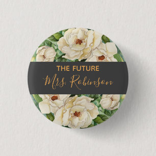 Badge Rond 2,50 Cm Futur Mme Floral White Magnolia Aquarelle Nom