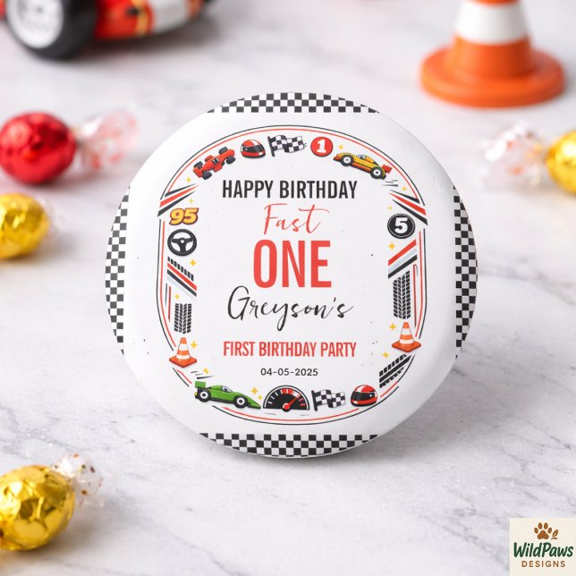 Badge Rond 2,50 Cm Garçon de voiture de course rapide un 1er annivers (Fast One Race Car Boy 1st Birthday Party Button
)