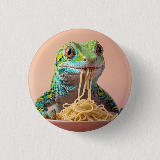 Badge Rond 2,50 Cm Gecko Drôle Manger Spaghetti (Devant)