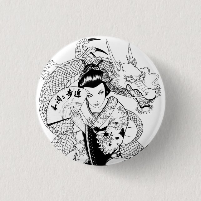 Badge Rond 2,50 Cm Geisha avec le dragon de fan (Devant)