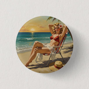 Badge Rond 2,50 Cm Girl On the Beach Retro 'les années 50 Pin-up art