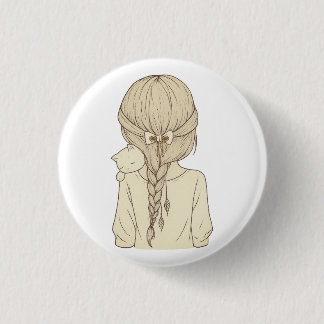 Badge Rond 2,50 Cm Girl with Braid and Cat Illustration – Soft Pastel